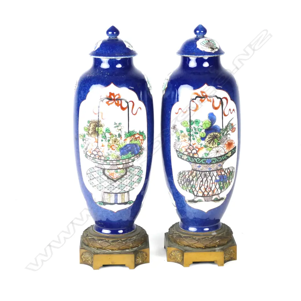 A pair of 18th/19thC fine Chinese decorated speckled blue ground lidded baluster vases Image 1++