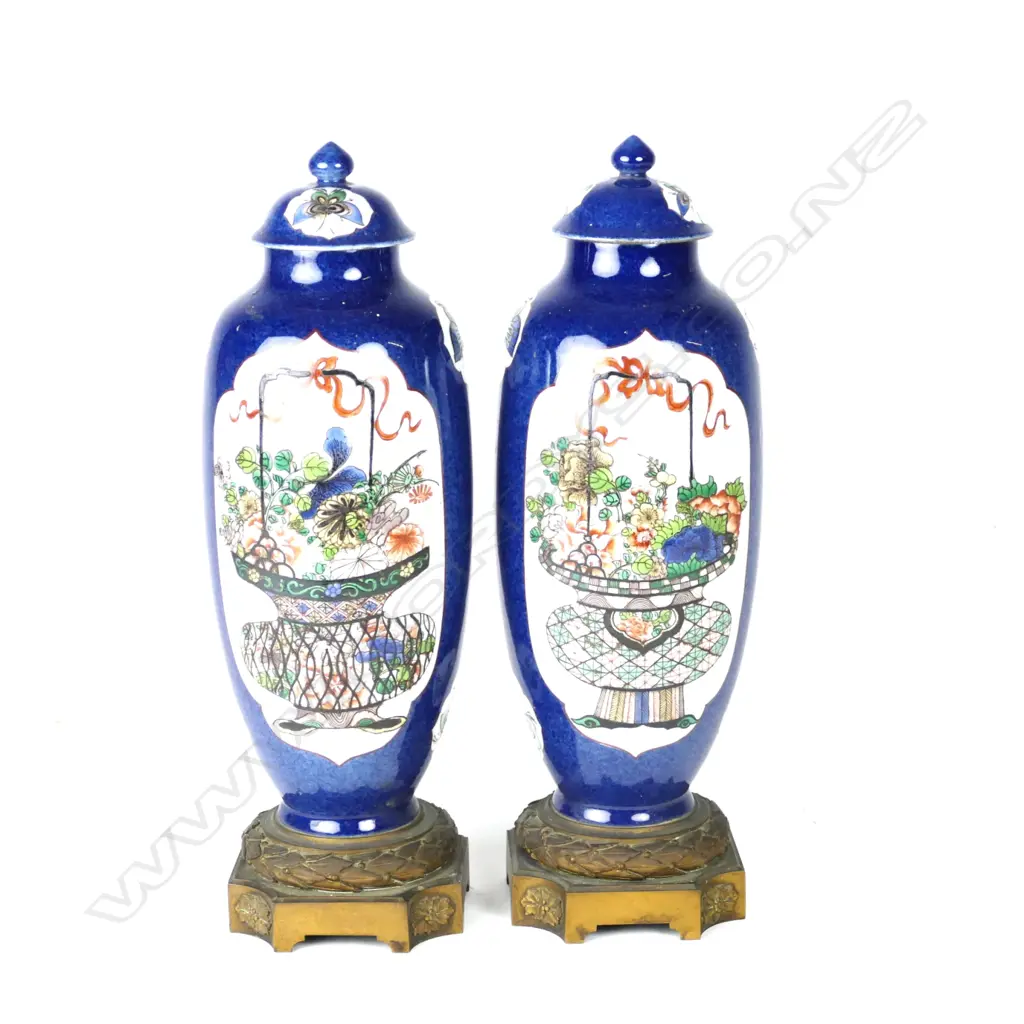 A pair of 18th/19thC fine Chinese decorated speckled blue ground lidded baluster vases Image 1++