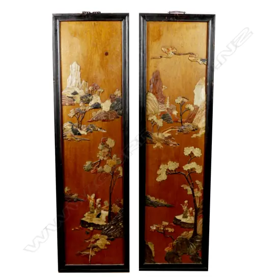 A pair of Chinese wood and hardstone panels