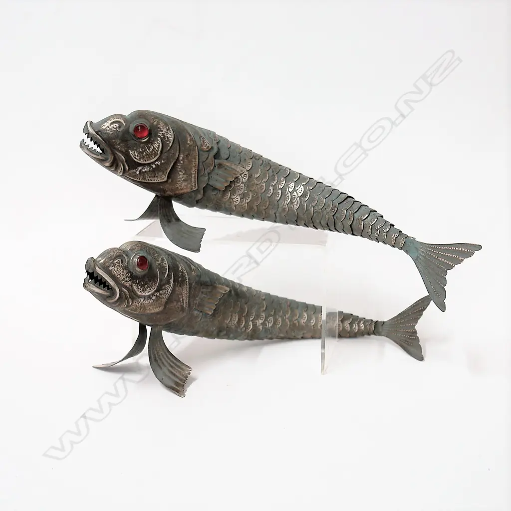 A pair of vintage large (coin silver) articulated fish ornaments Image 1++