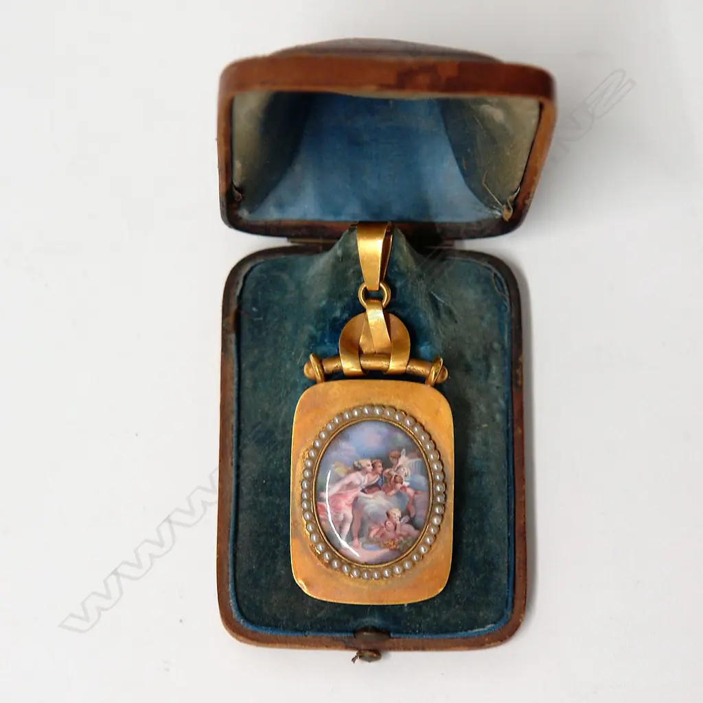 A late 19thC impressive boxed 18ct. gilded yellow gold enamelled panel and seed pearl pendant Image 1++