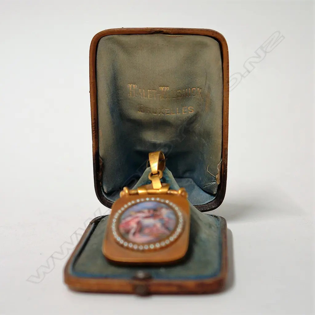 A late 19thC impressive boxed 18ct. gilded yellow gold enamelled panel and seed pearl pendant Image 1++