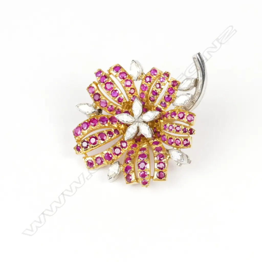 A vintage 18ct. yellow gold ruby and diamond flowerhead brooch Image 1++