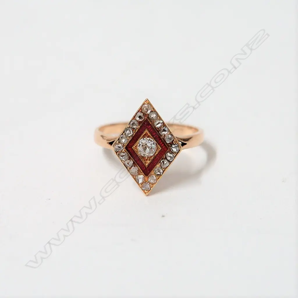An Art Deco diamond and red enamel stylish ring Image 1++