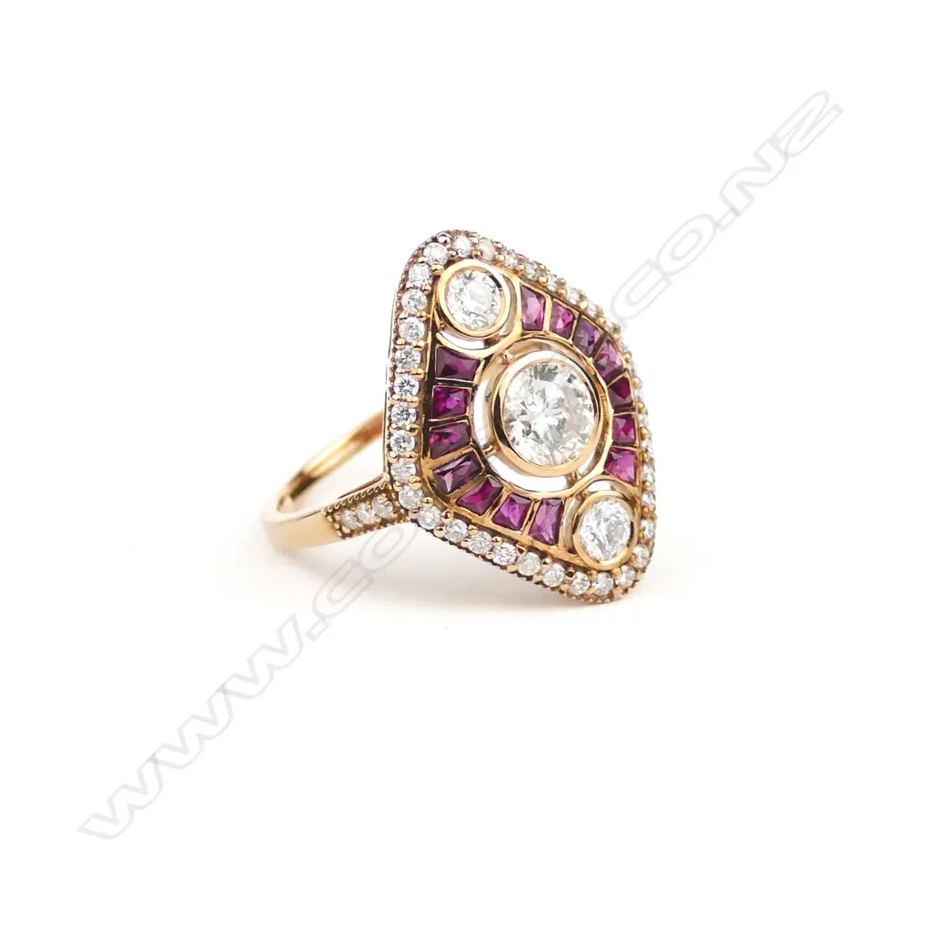 A 14ct. rose gold diamond and ruby Art Deco style ring Image 1++