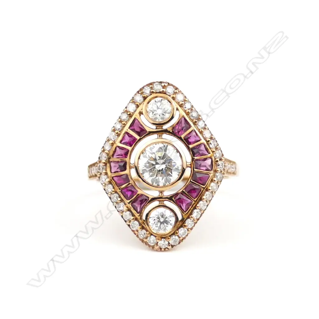 A 14ct. rose gold diamond and ruby Art Deco style ring Image 1++