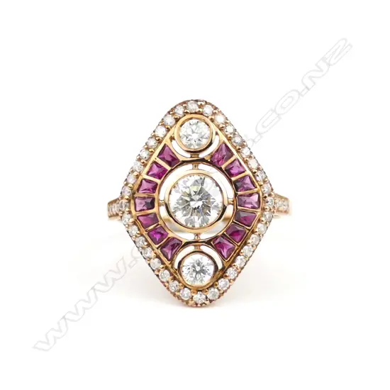A 14ct. rose gold diamond and ruby Art Deco style ring