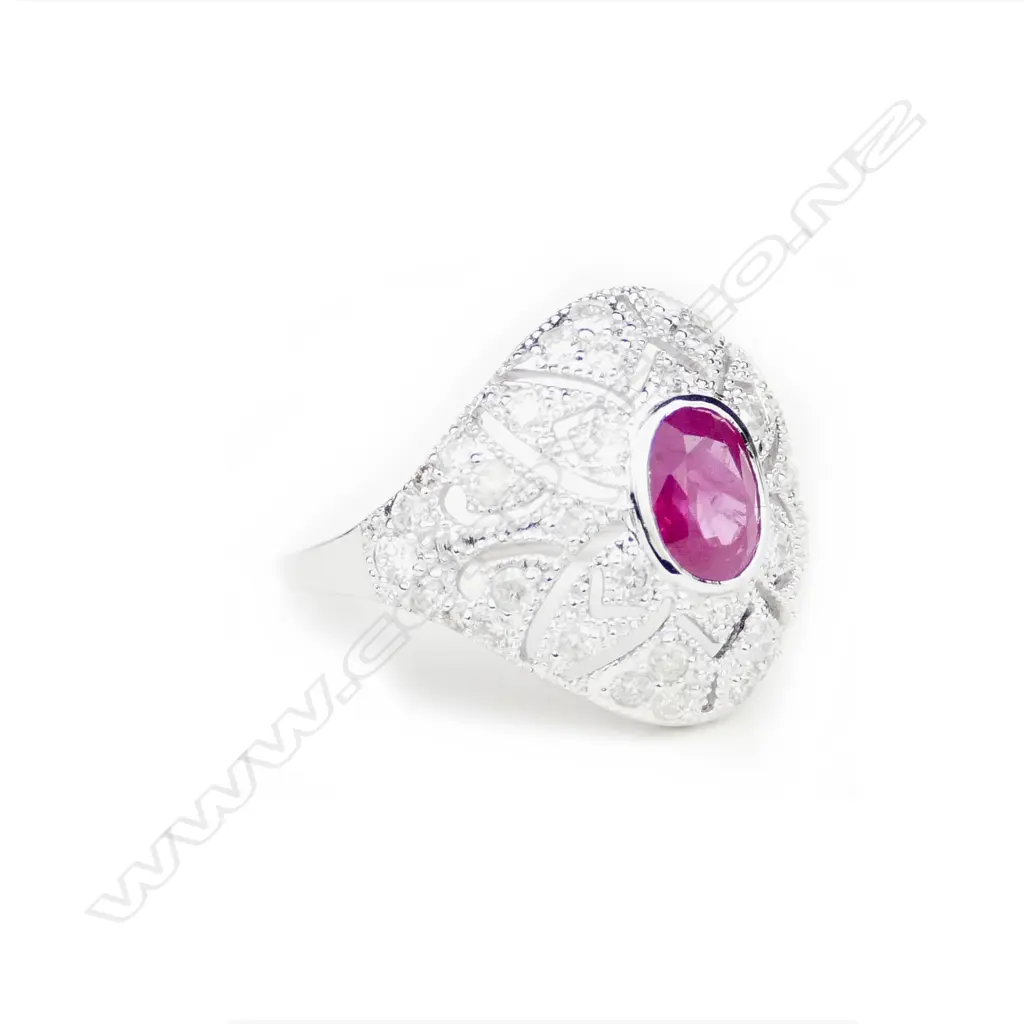 An 18ct. white gold ruby and diamond Art Deco style ring Image 1++