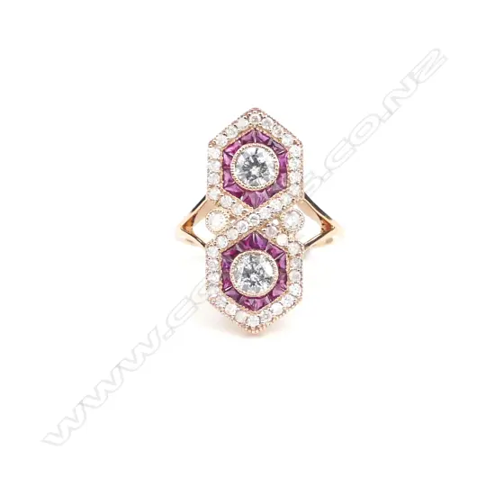 A 14ct. rose gold ruby and diamond Art Deco style ring