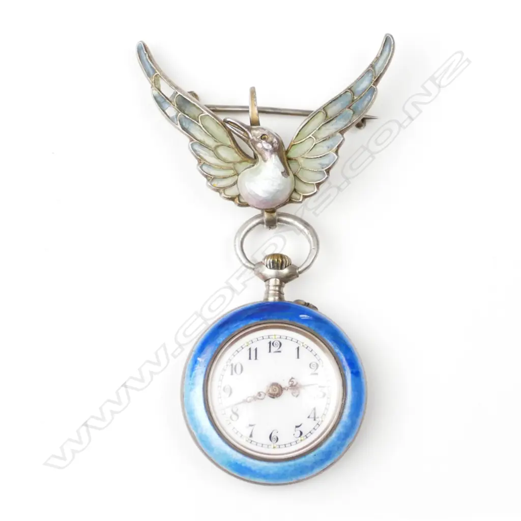 An early 20thC silver and enamelled highly decorative lady's fob watch on bird brooch suspension Image 1++
