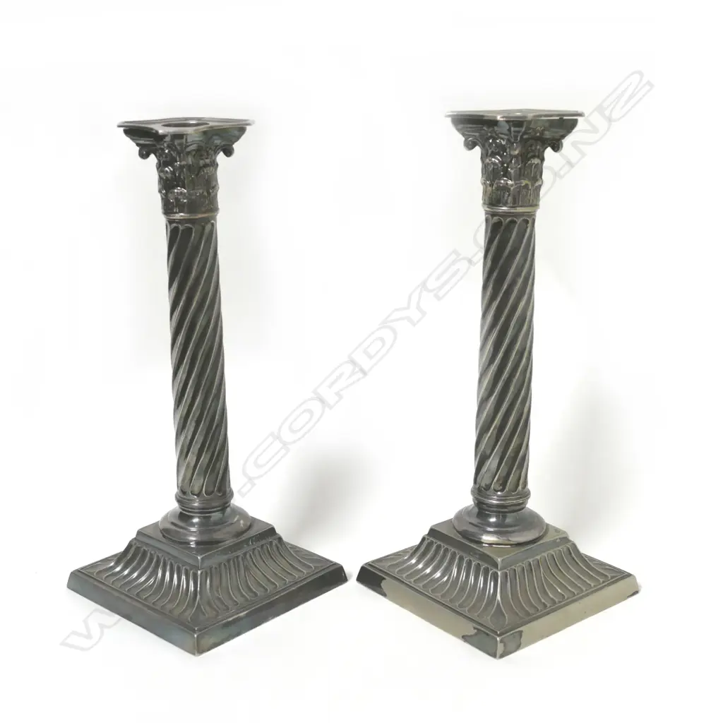 A pair of Victorian silver plate Corinthian column candlesticks Image 1++