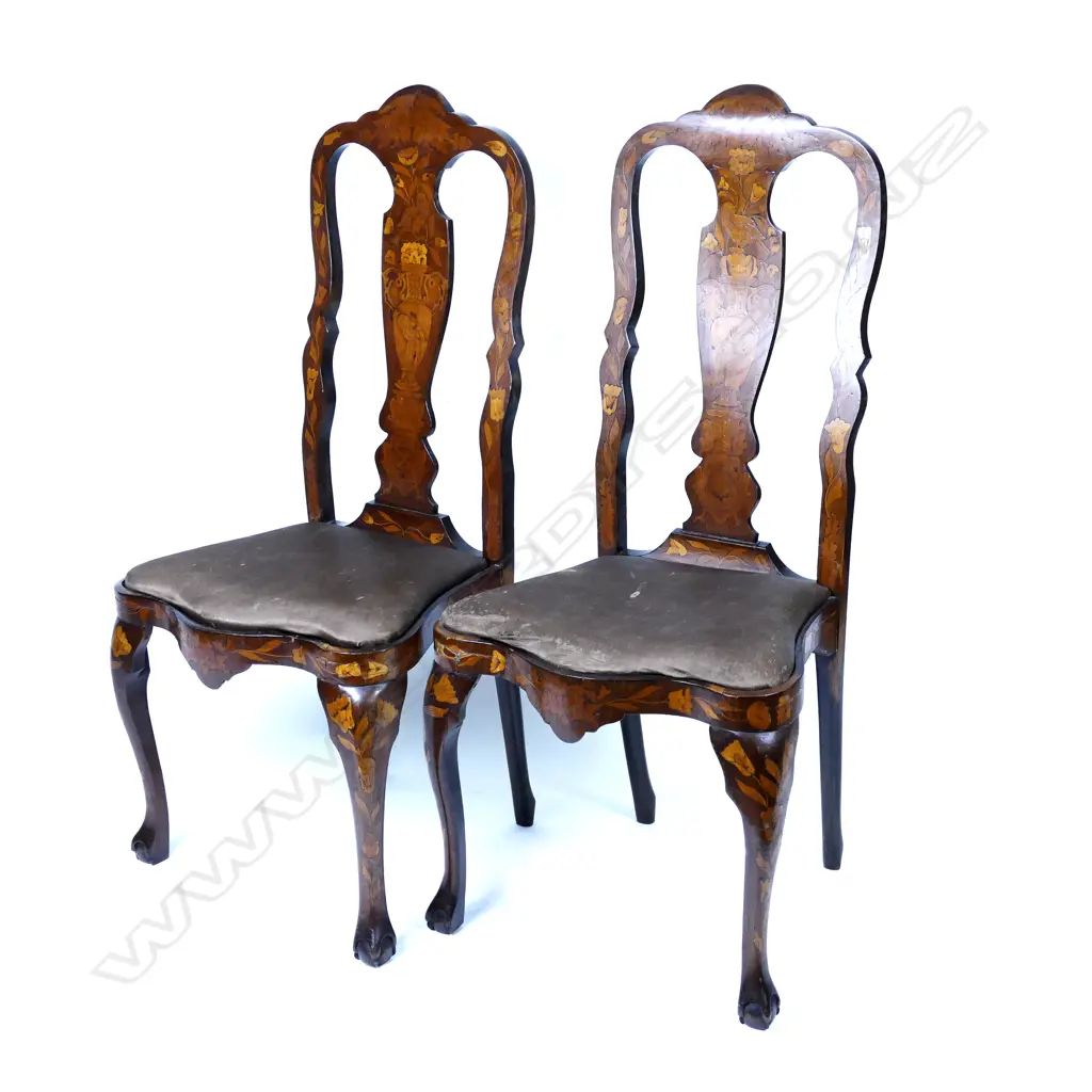 A pair of Dutch marquetry side chairs of 18thC style Image 1++