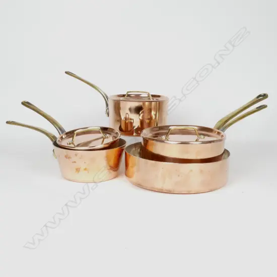 Five copper St Clair cooking pots