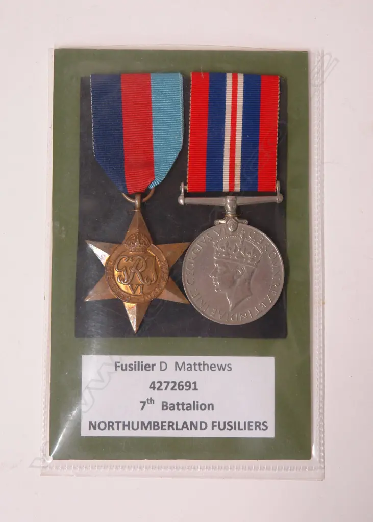 Two WWII  war medals awarded to D. Matthews of the Northumberland Fusiliers Image 1++