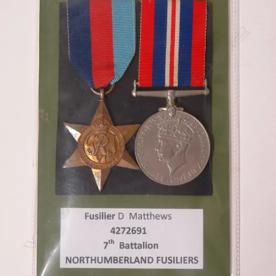 Two WWII  war medals awarded to D. Matthews of the Northumberland Fusiliers