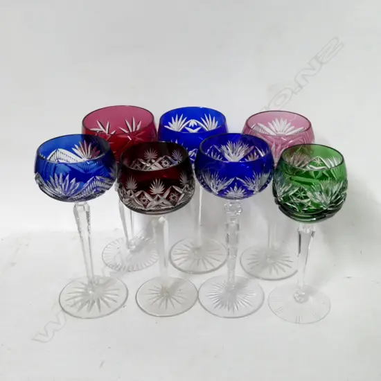 Seven Bohemian glass long stemmed wine goblets
