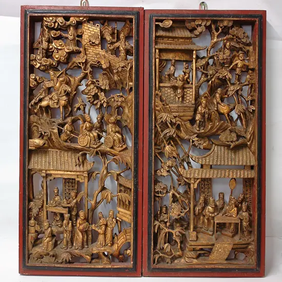 Two carved Chinese giltwood panels