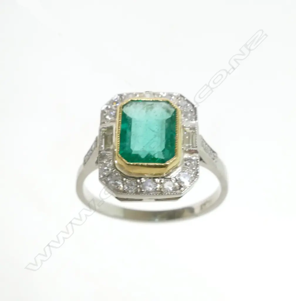 An Art Deco style platinum emerald and diamond ring Image 1++