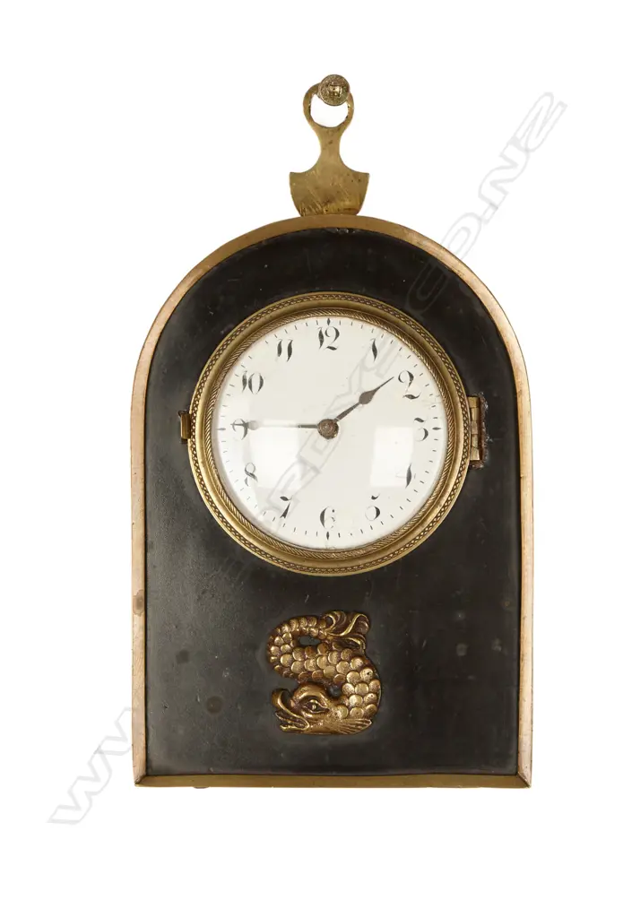 A sedan chair clock with brass bound 'milestone' case and traditional hanger and latched hinged back flap to permit rear winding with included key Image 1++