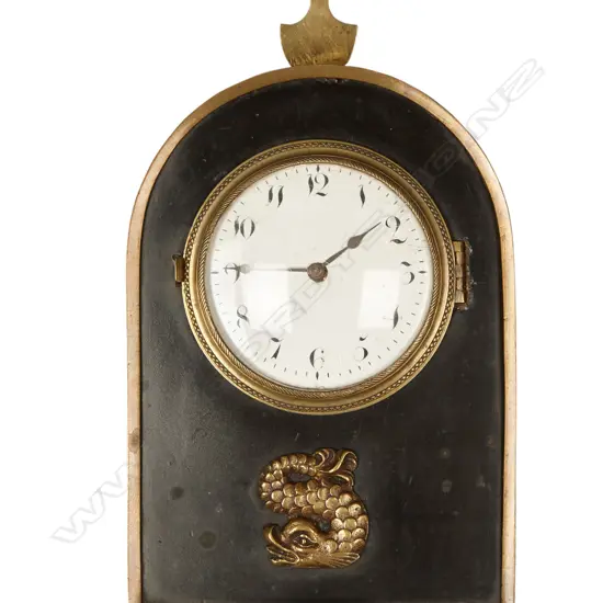 A sedan chair clock with brass bound 'milestone' case and traditional hanger and latched hinged back flap to permit rear winding with included key