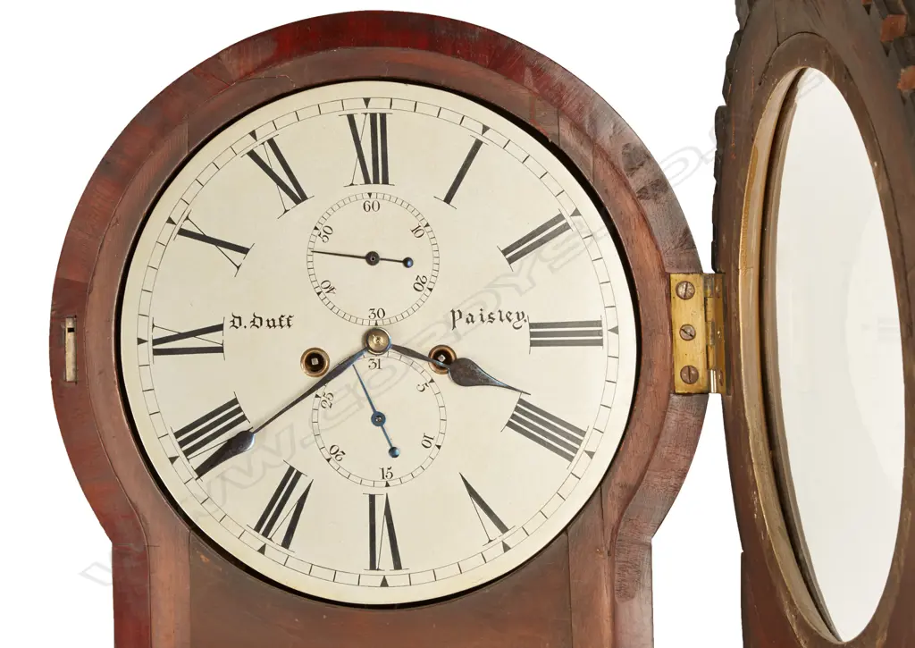 William IV Scottish long case clock in attractive solid mahogany case with round hood surmounted by carvings and tapered trunk with bow front door Image 1++