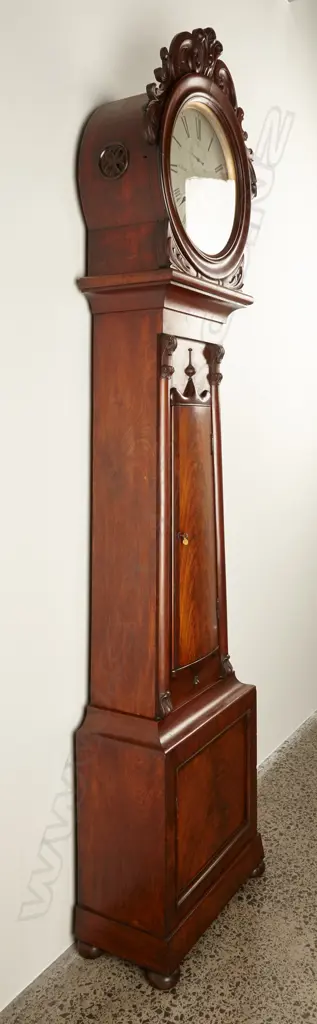 William IV Scottish long case clock in attractive solid mahogany case with round hood surmounted by carvings and tapered trunk with bow front door Image 1++