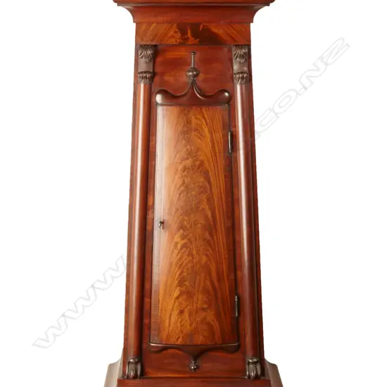 William IV Scottish long case clock in attractive solid mahogany case with round hood surmounted by carvings and tapered trunk with bow front door