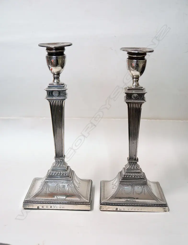 A pair of George III silver column candlesticks in the Adam's style Image 1++