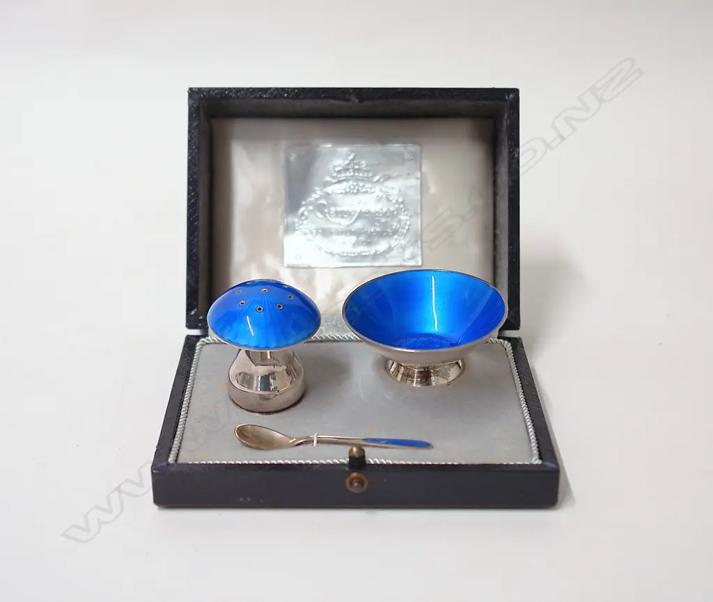 A vintage ELLA Danish silver and blue guilloche enamel salt cellar spoon and pepper shaker Image 1++