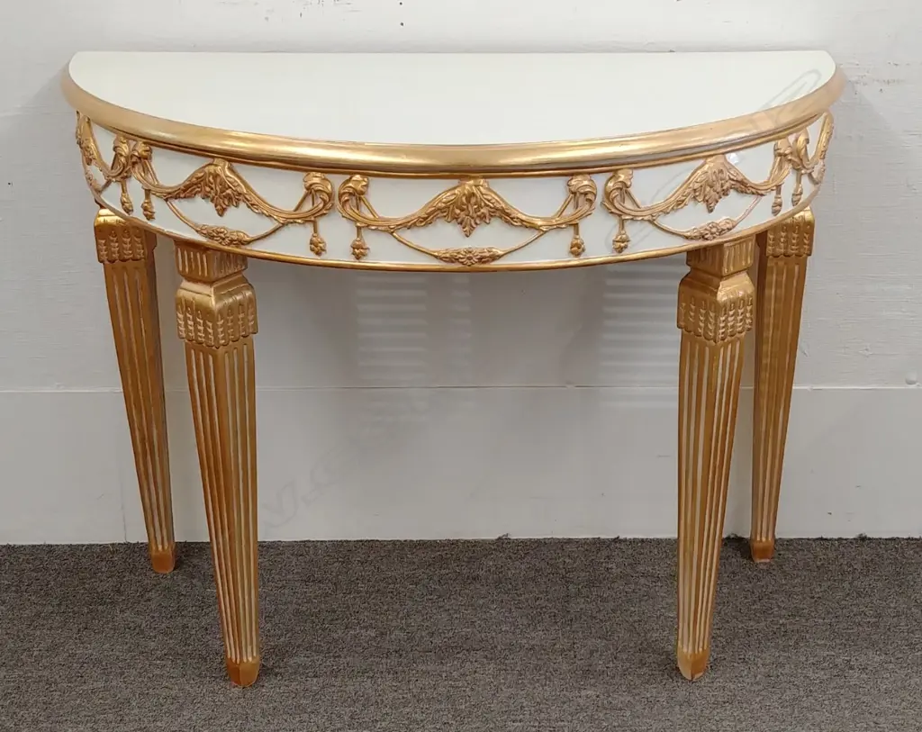 A modern cream paint finish and gold demilune side table Image 1++