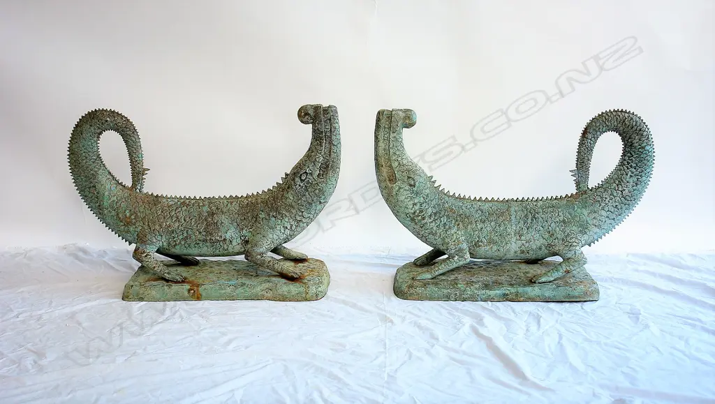 A pair of metal ornamental garden crocodiles with verdigris patina Image 1++