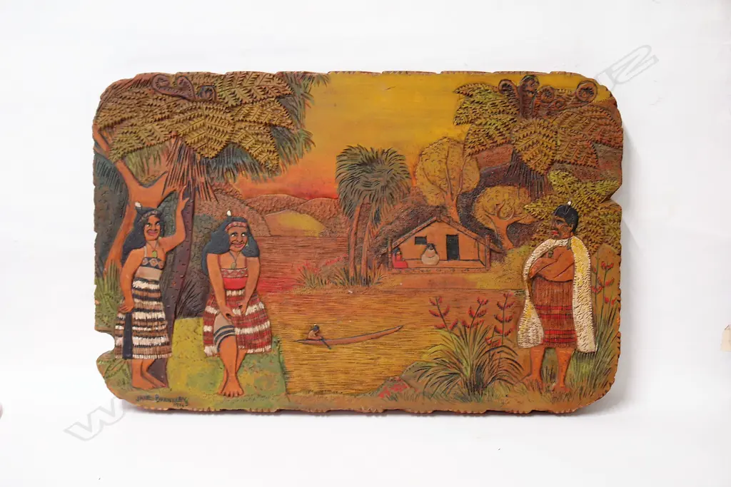 A 1943 Jane Brenkley carved and painted Maori themed table-top/wall plaque Image 1++