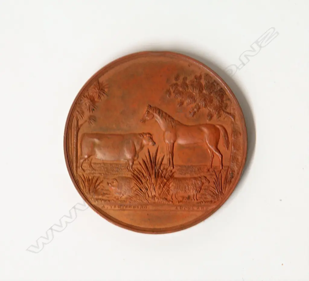 An 1876 Waikato Agricultural & Pastoral Association 1st Prize Medallion designed by Anton Teutenberg of Auckland Image 1++