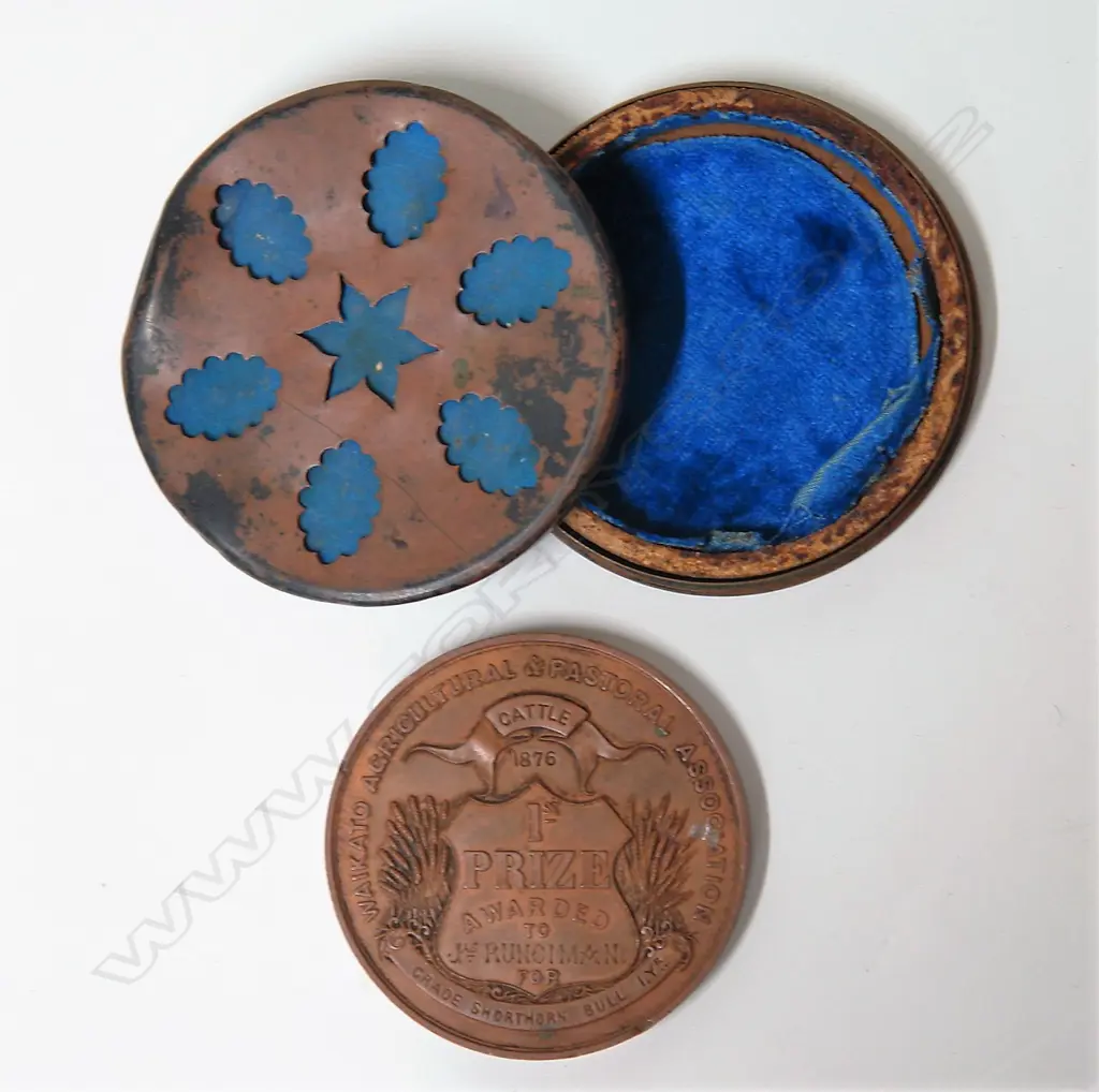 An 1876 Waikato Agricultural & Pastoral Association 1st Prize Medallion designed by Anton Teutenberg of Auckland Image 1++
