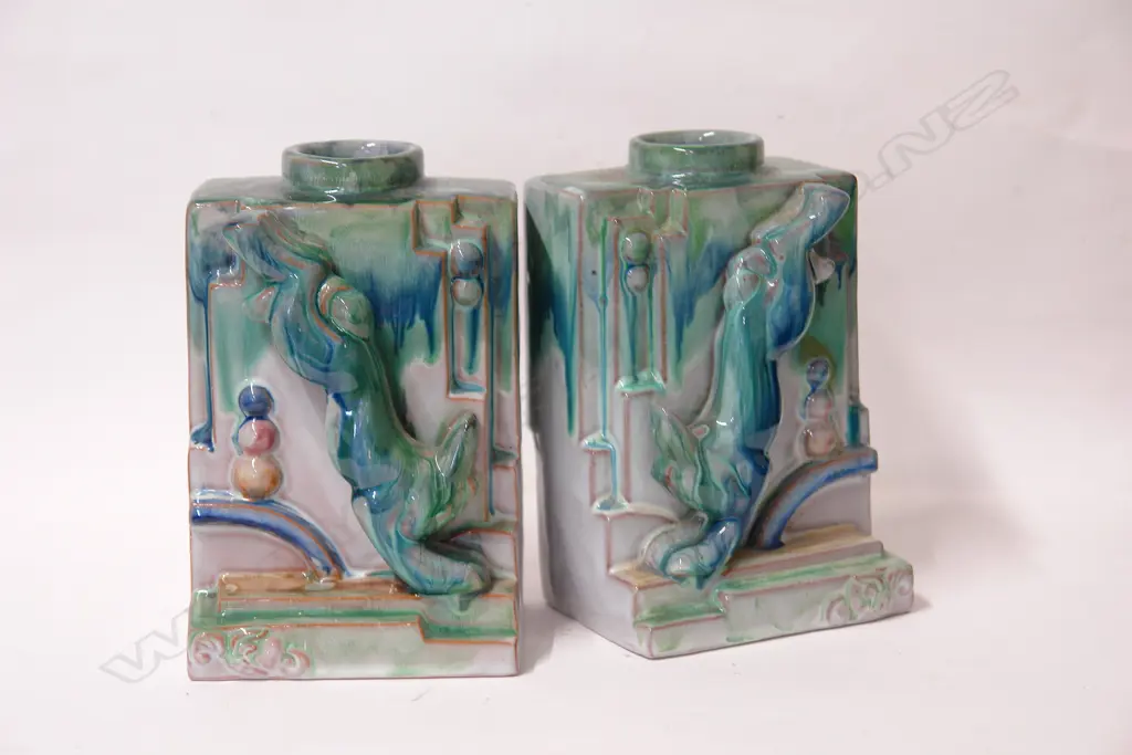 A pair of French Art Deco style Majolica vases/bookends Image 1++