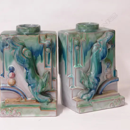 A pair of French Art Deco style Majolica vases/bookends