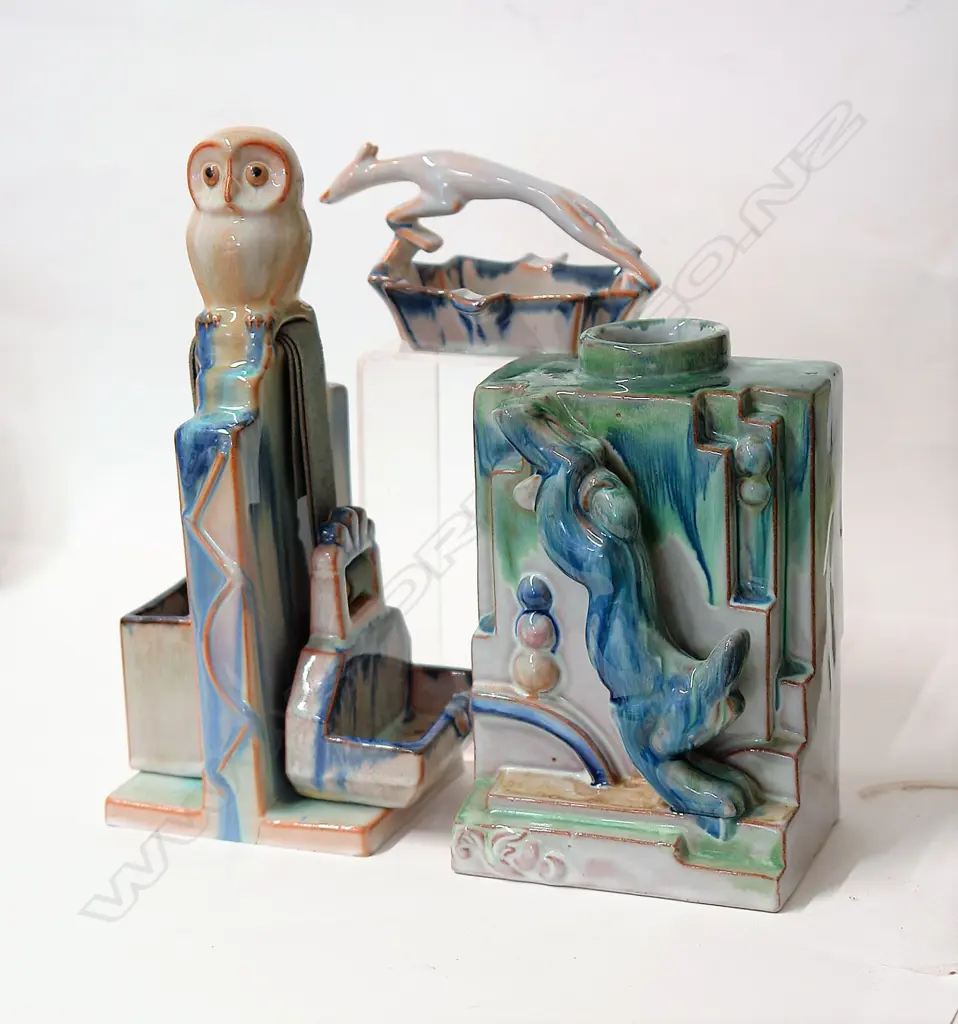 Three French Art Deco style majolica glazed pieces Image 1++