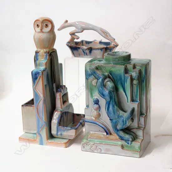Three French Art Deco style majolica glazed pieces