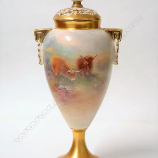 A mid-20thC Royal Worcester Highland Cattle painted vase by H. Stinton