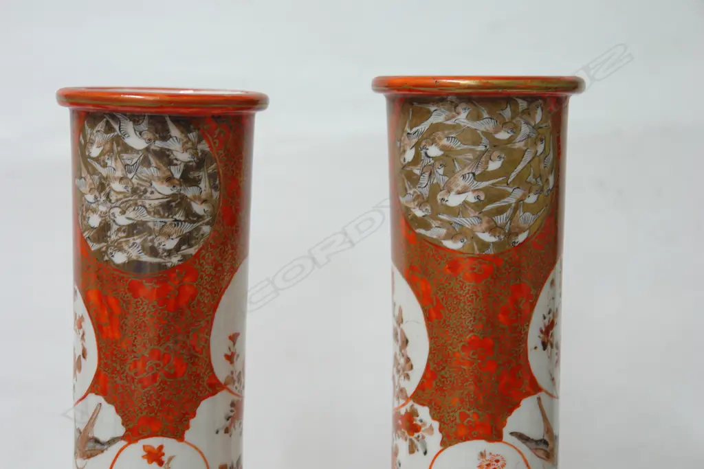 A pair of 19thC Japanese Kutani tall cylinder vases Image 1++