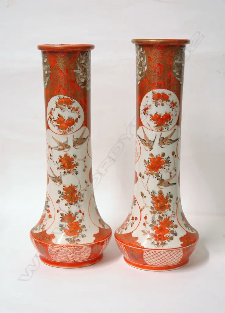 A pair of 19thC Japanese Kutani tall cylinder vases Image 1++