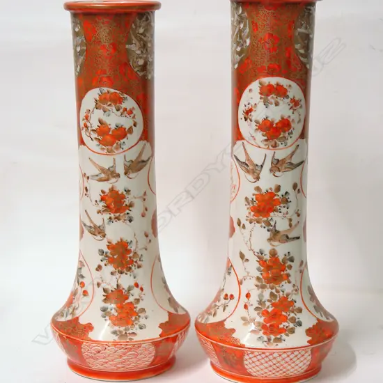 A pair of 19thC Japanese Kutani tall cylinder vases