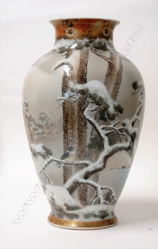 An early 20thC Japanese porcelain winter scene painted and enamel vase Image 1++