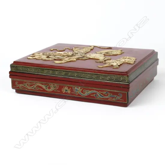 A Japanese Meiji-period decorative red lacquer and carved bone box