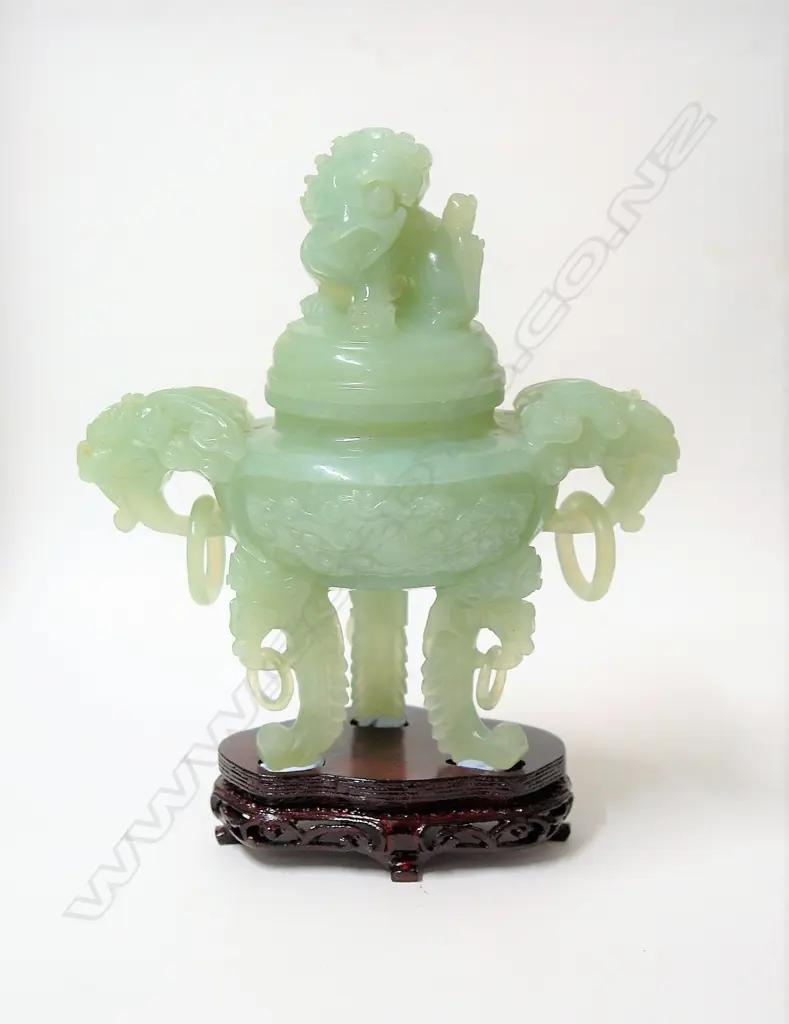 A Chinese pale green jade lidded censor Image 1++