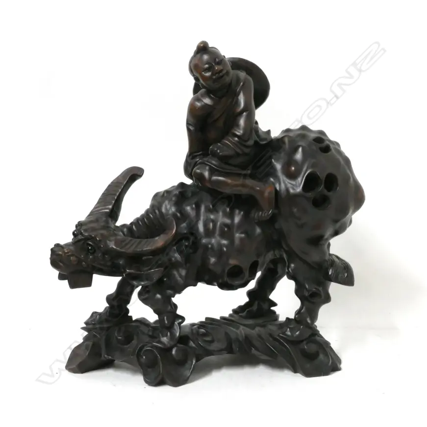 CHINESE WOOD CARVED OXEN W BOY Image 1++