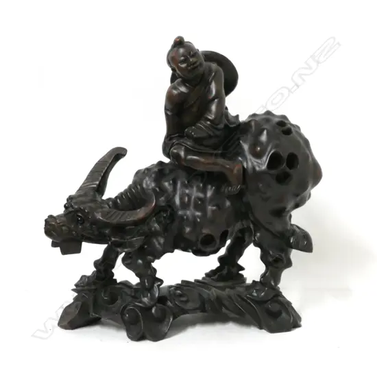 CHINESE WOOD CARVED OXEN W BOY