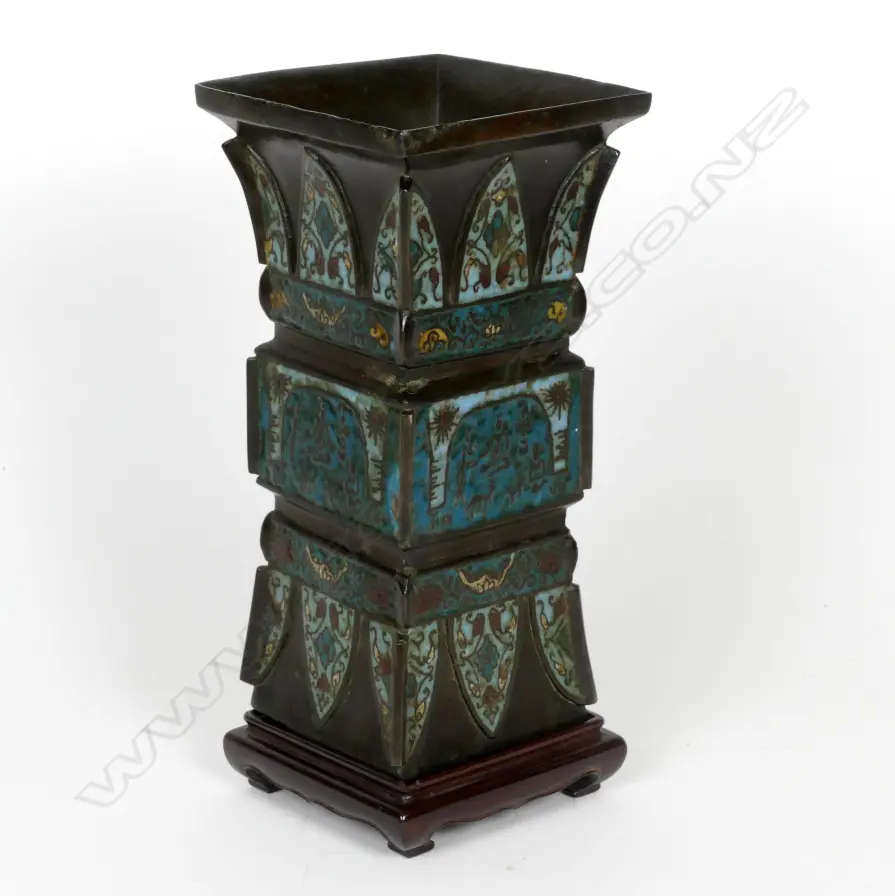 A Chinese bronze and champlevé enamel gu-form vase Image 1++