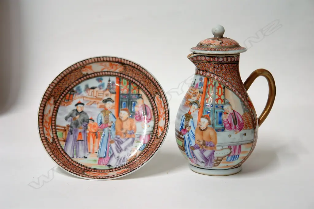 A late 18th/early 19thC Chinese famille rose lidded sparrow beak jug and saucer Image 1++