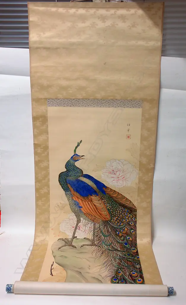 An Oriental silk peacock painted scroll Image 1++